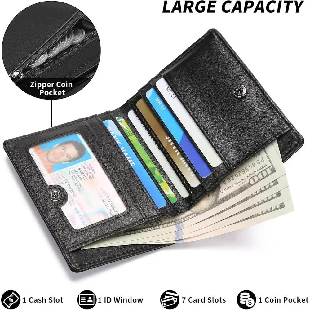 Men's 1 Type Black Genuine Leather Minimalist Wallets Card Zipper Coin Pocket